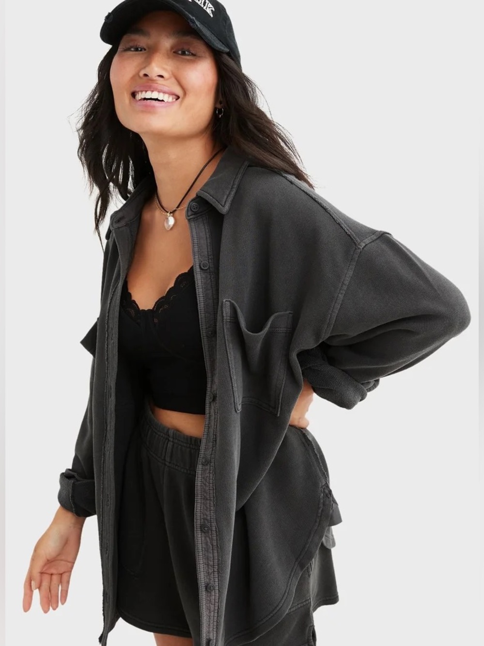 Aerie Washed Charcoal Oversized Fleece Button Down Sweatshirt